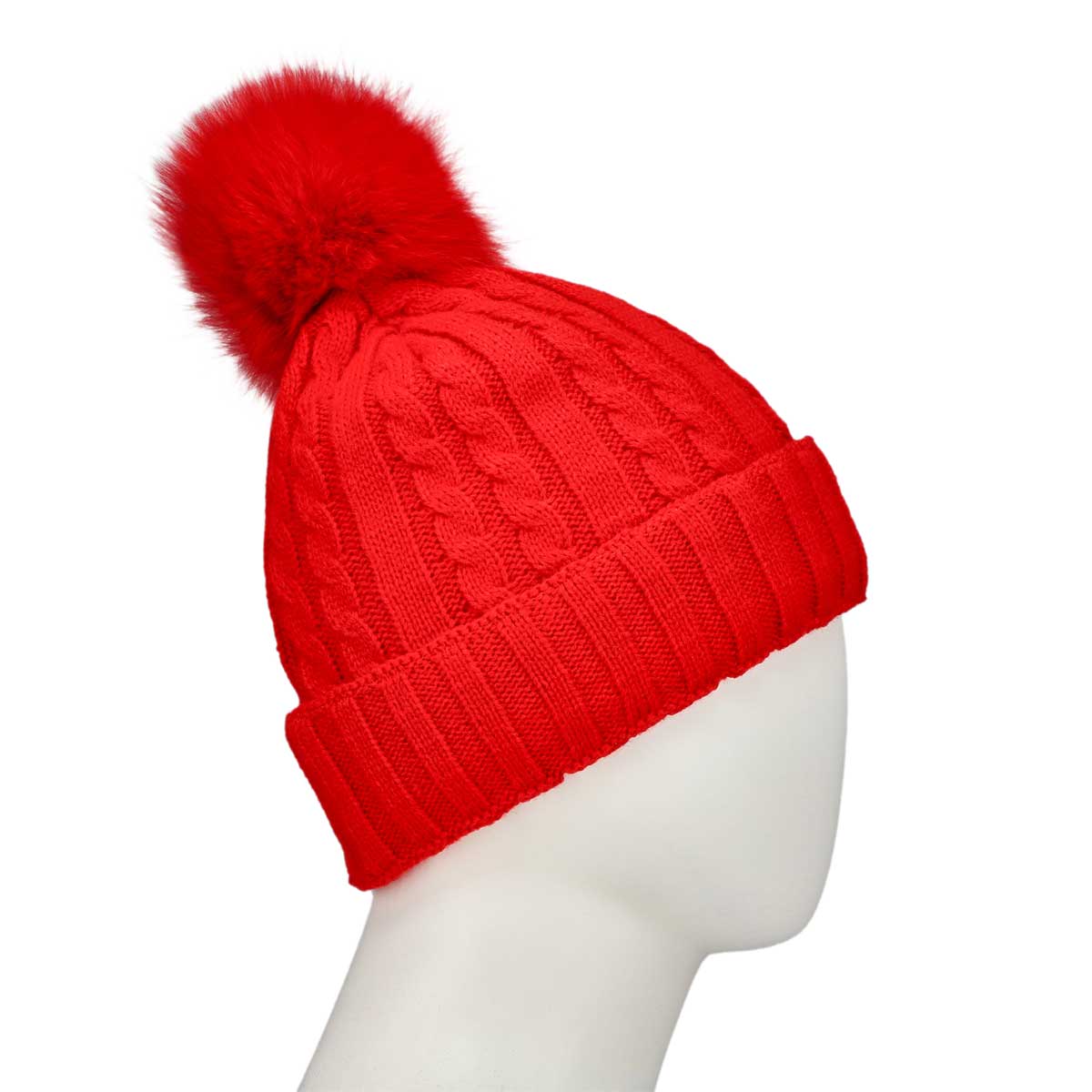 Women's Cable Stitch Hat with Fur Pom - Red