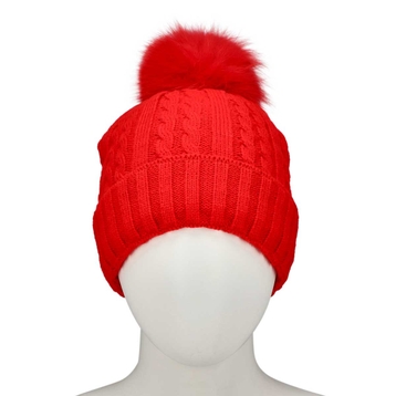 Women's Cable Stitch Hat with Fur Pom - Red