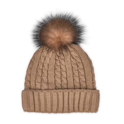 Lds W/Fur Pom Cable Stitch Hat-Taupe