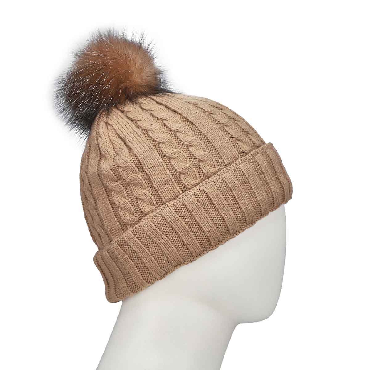 Women's camel with fur pom pom cable stitch hats