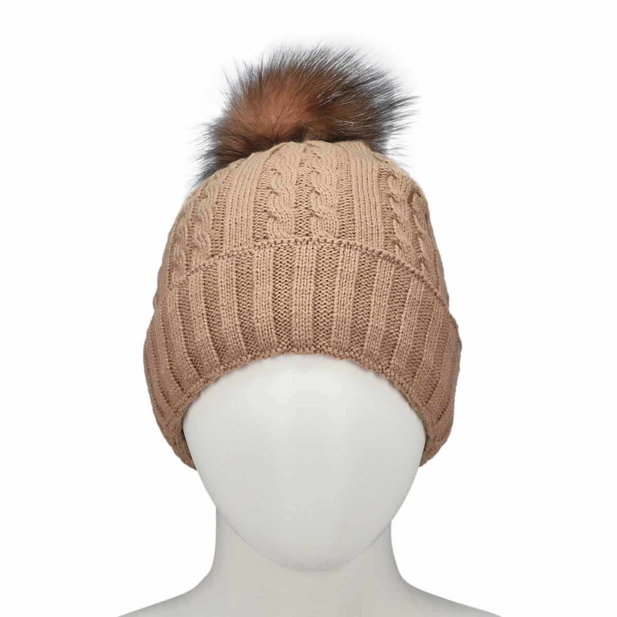 Women's camel with fur pom pom cable stitch hats