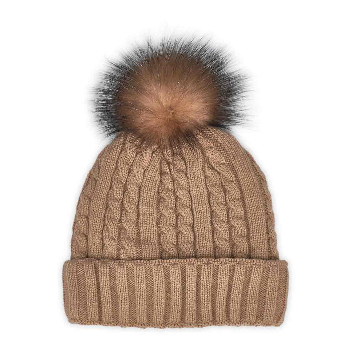 Women's camel with fur pom pom cable stitch hats