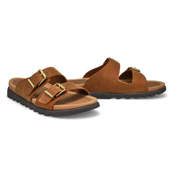 Women's Double Buckle Crazyhorse Leather Sandal -  Brown Crazyhorse