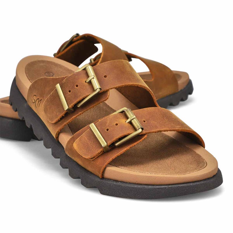 Women's Double Buckle Crazyhorse Leather Sandal -  Brown Crazyhorse