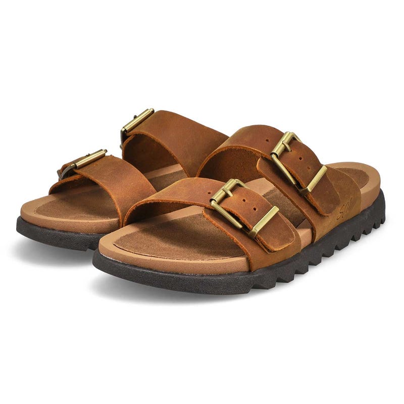 Women's Double Buckle Crazyhorse Leather Sandal -  Brown Crazyhorse