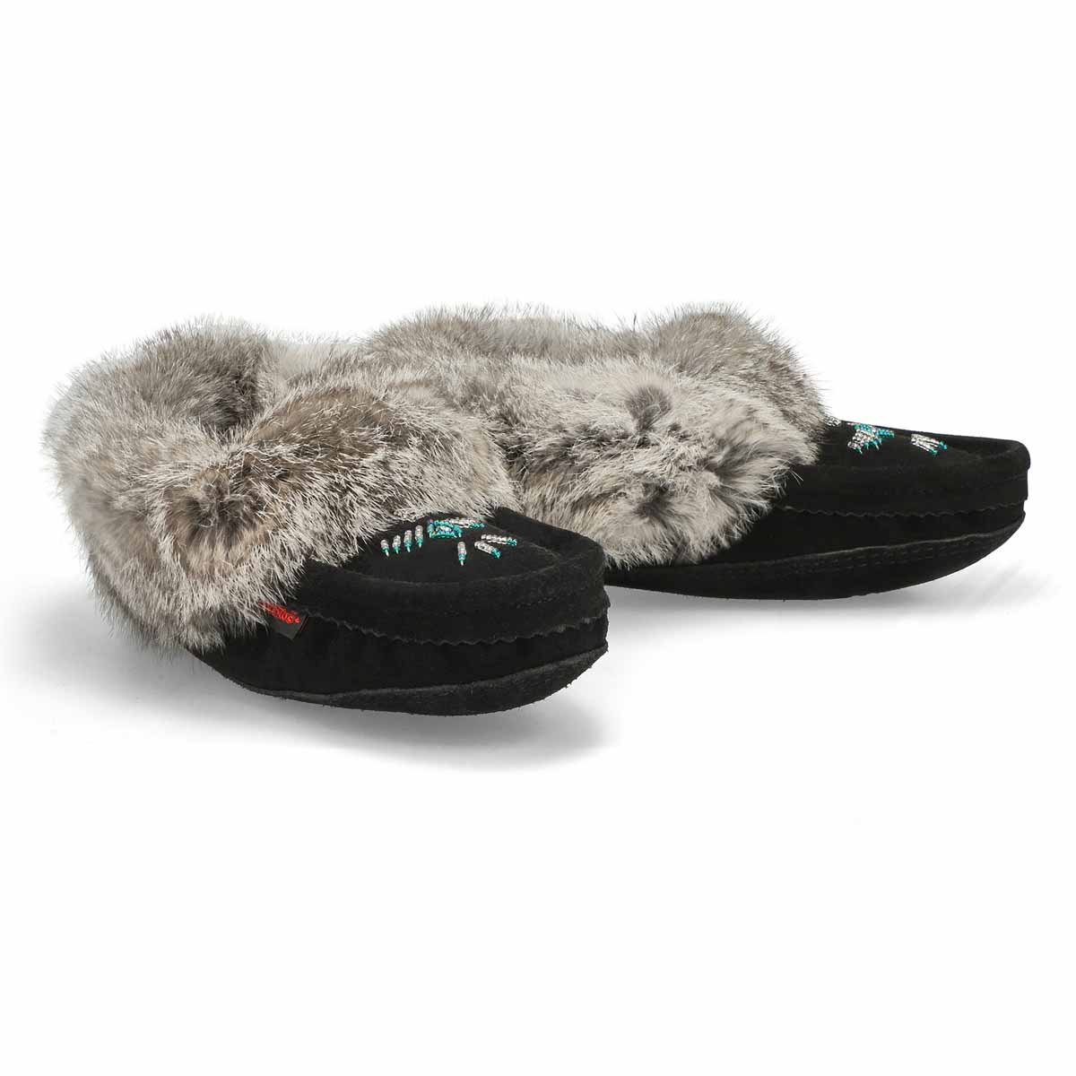 Women's SF600-BL Rabbit Fur SoftMocs - Black/Grey