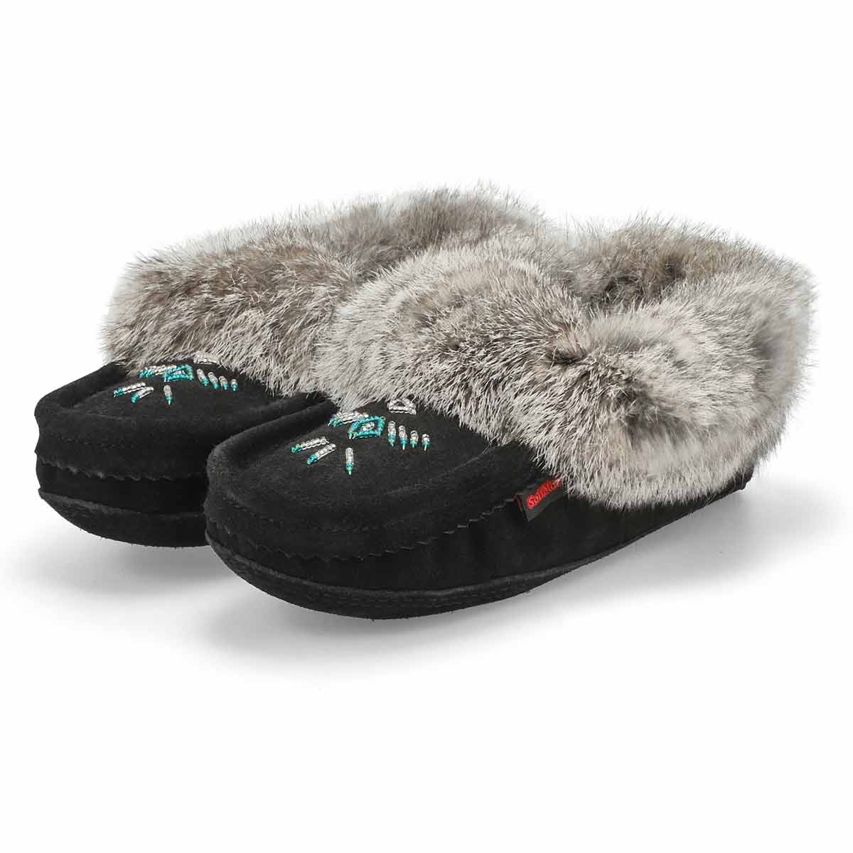 Women's SF600-BL Rabbit Fur SoftMocs - Black/Grey