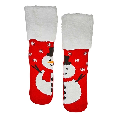 Lds Snowman Knit Slipper Sock - Red/Wht